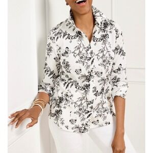 Talbots Non-Iron Perfect Shirt Butterfly Toile Black White 12 Cotton Spandex